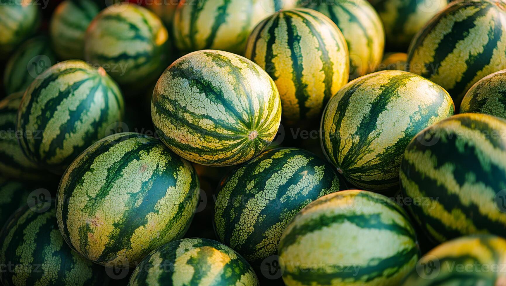 A bunch of watermelons are piled on top of each other. The watermelons are green and yellow photo