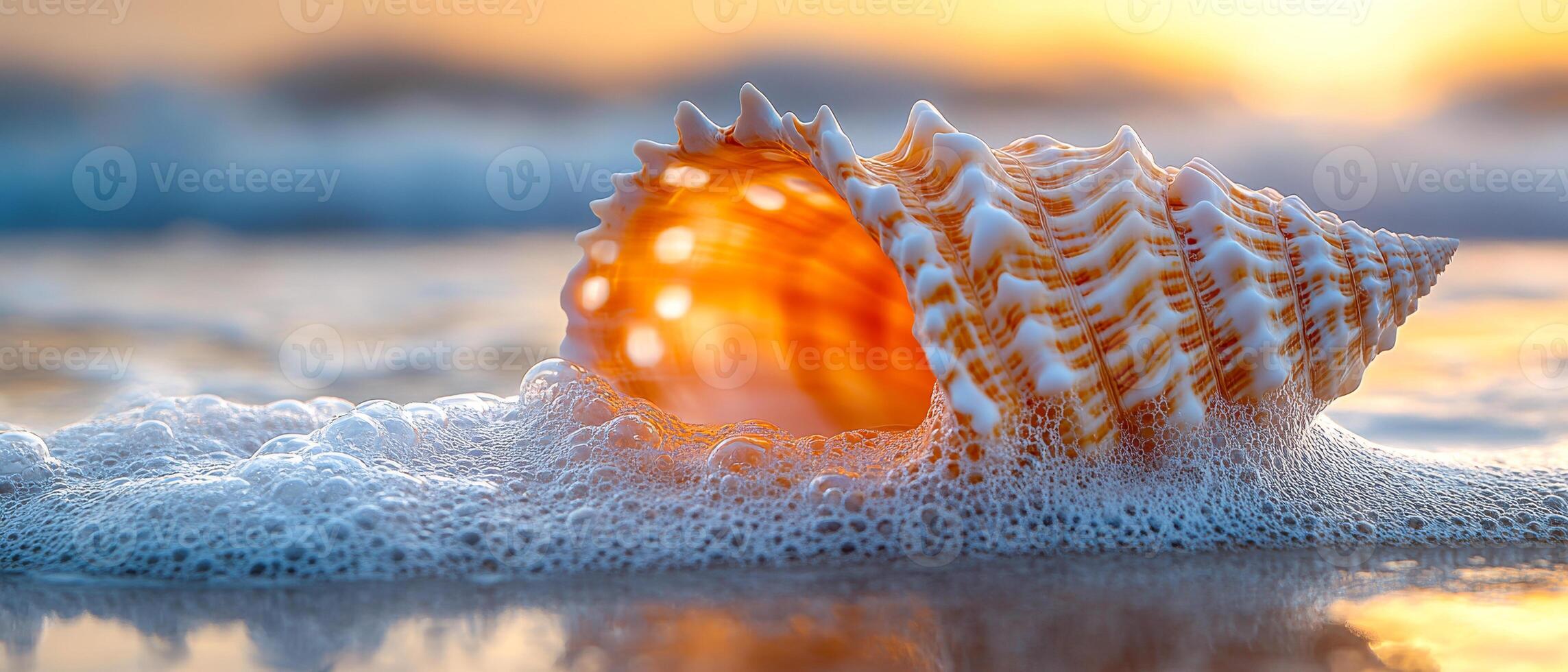 A large shell is on the beach, with the ocean in the background. The shell is open, revealing its interior. The scene is serene and peaceful, with the ocean waves gently lapping at the shore photo