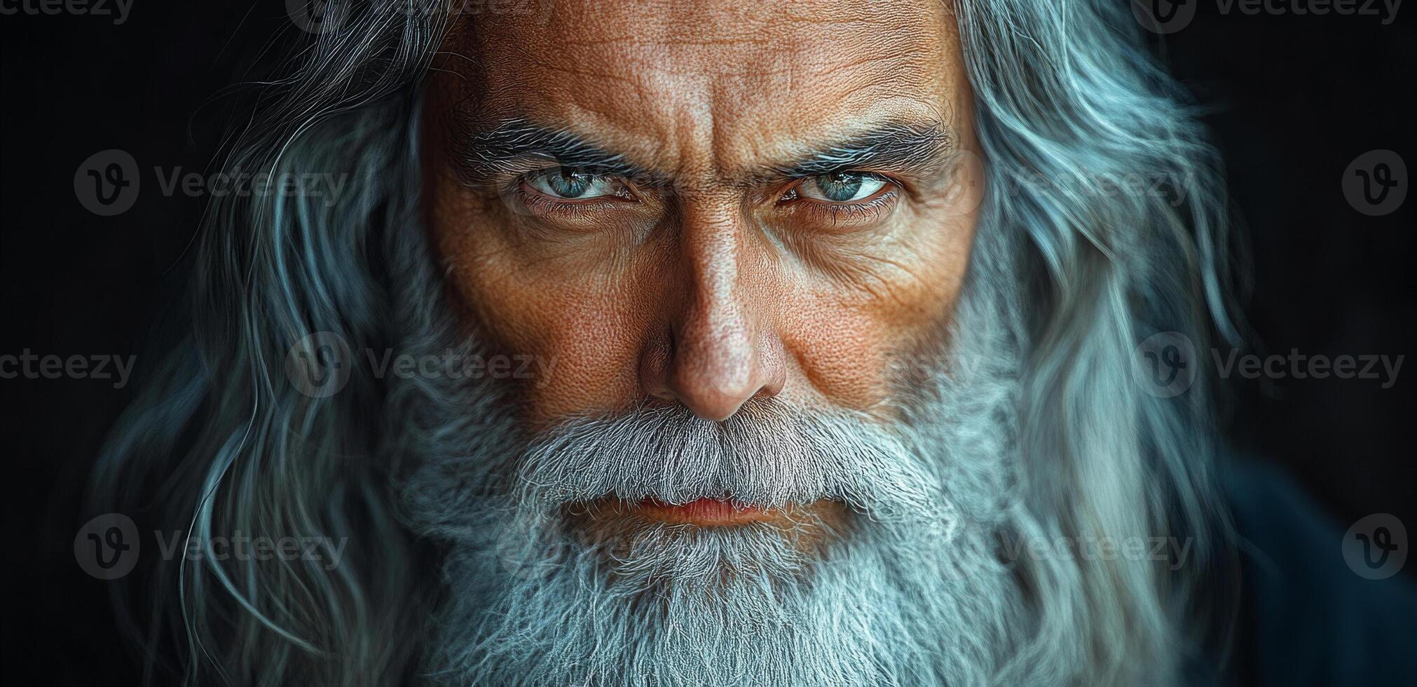 A man with a beard and long hair is staring at the camera. He has a serious expression on his face photo