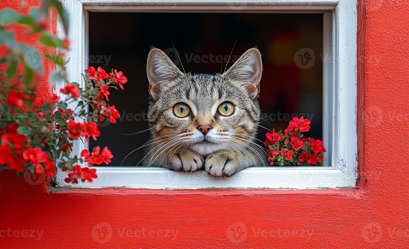 A cat is looking out of a window at a red flower photo