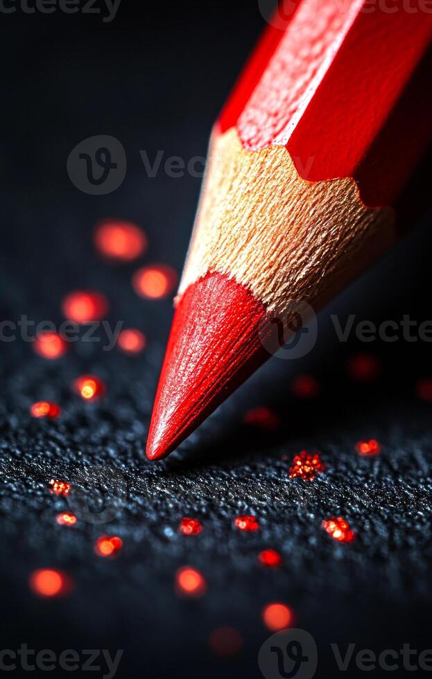 A red pencil is on a black surface with red dots. The pencil is sharpened and has a pointy tip. Concept of focus and precision, as the pencil is ready to create a line or mark on the surface photo