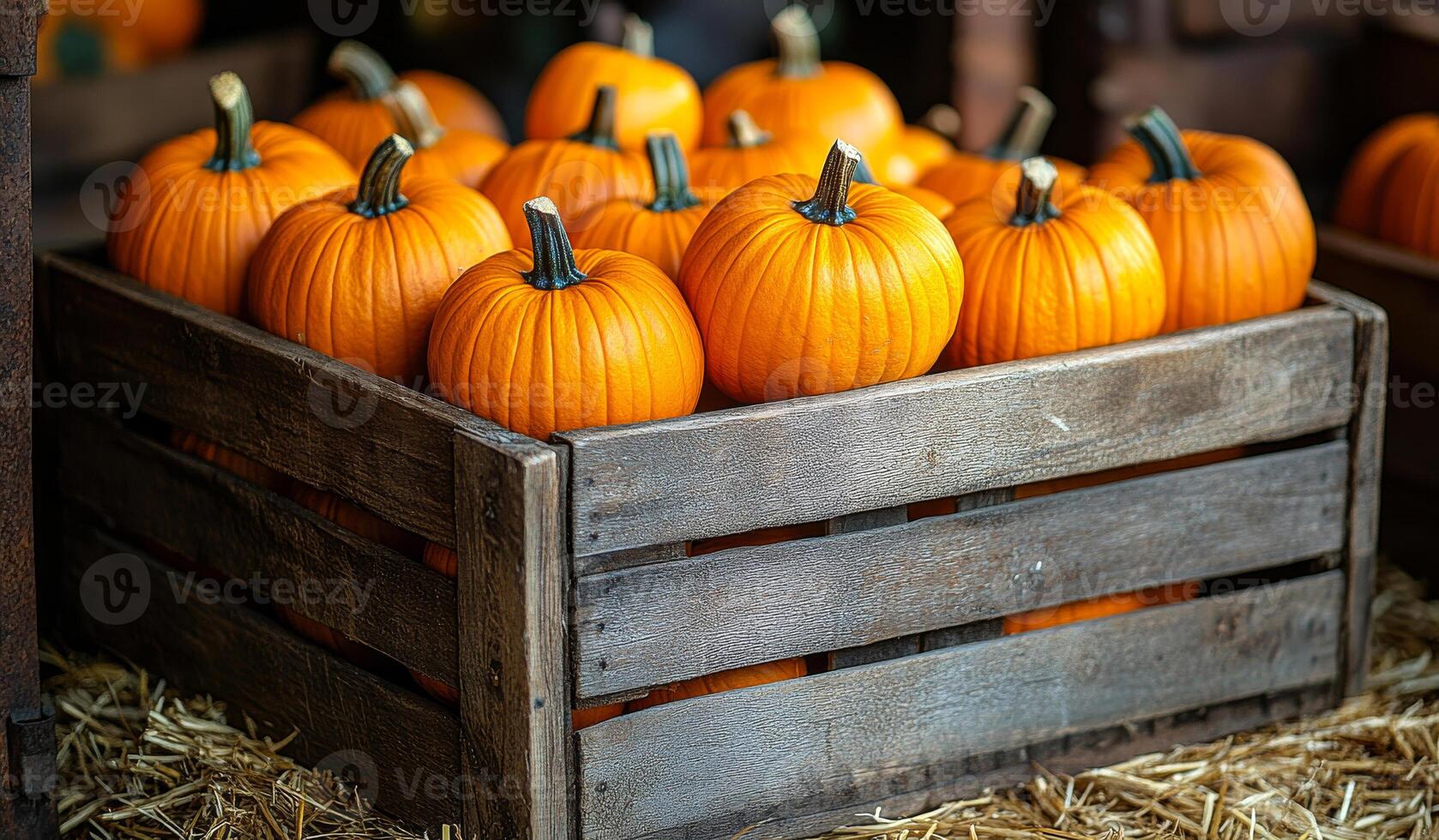 A wooden crate full of pumpkins photo