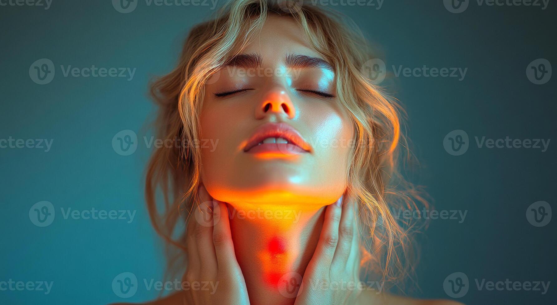 A woman with long blonde hair and a serene expression. The lighting is warm and the background is blue. The woman suffers from pain photo