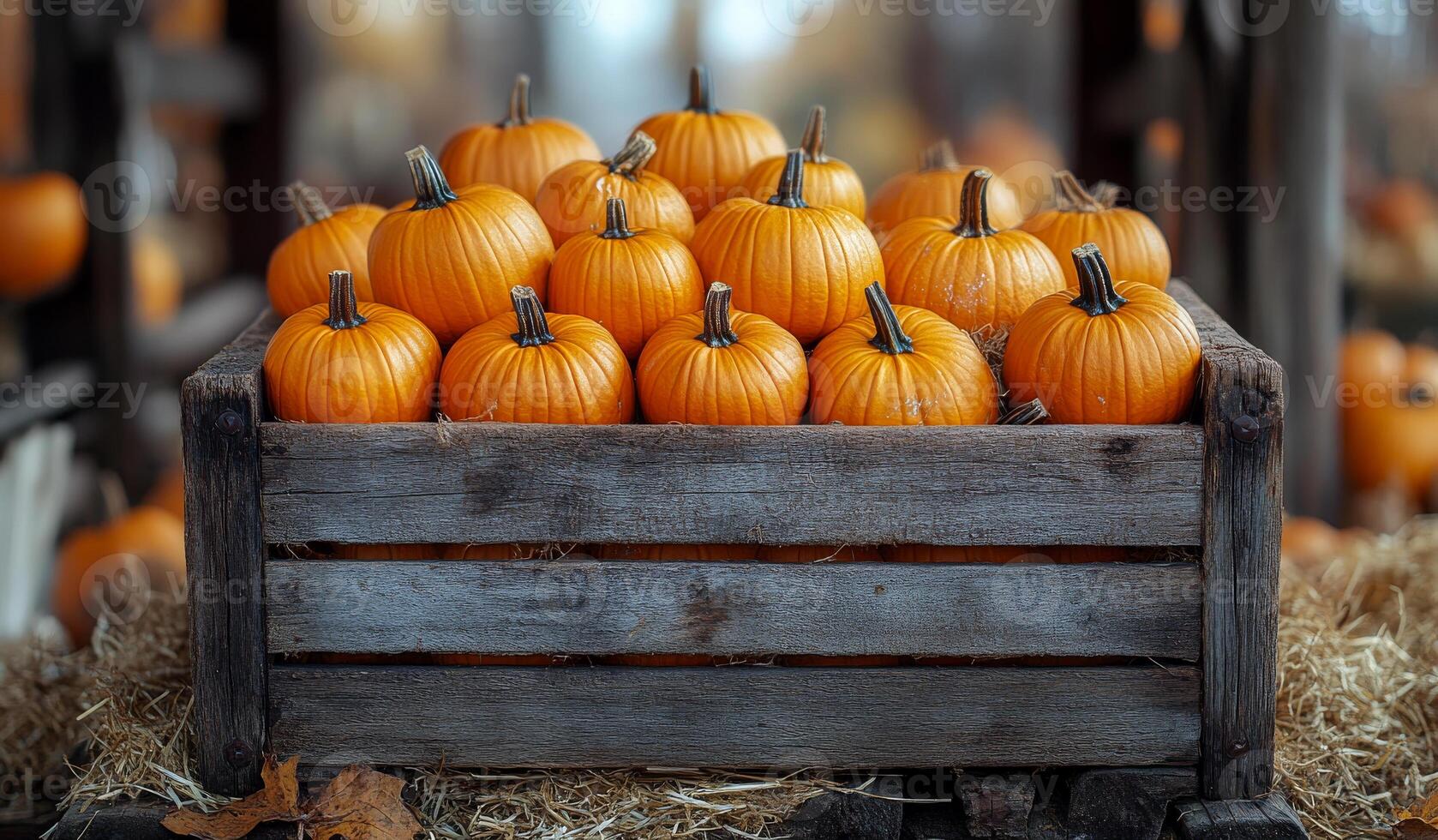 A crate full of pumpkins sits on a hay bale. The pumpkins are orange and have green stems photo