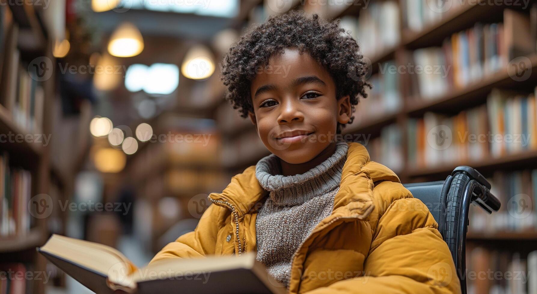 A young boy is sitting in a library reading a book. He is wearing a yellow jacket and a brown sweater. Inclusive education for children. Child in a wheelchair photo