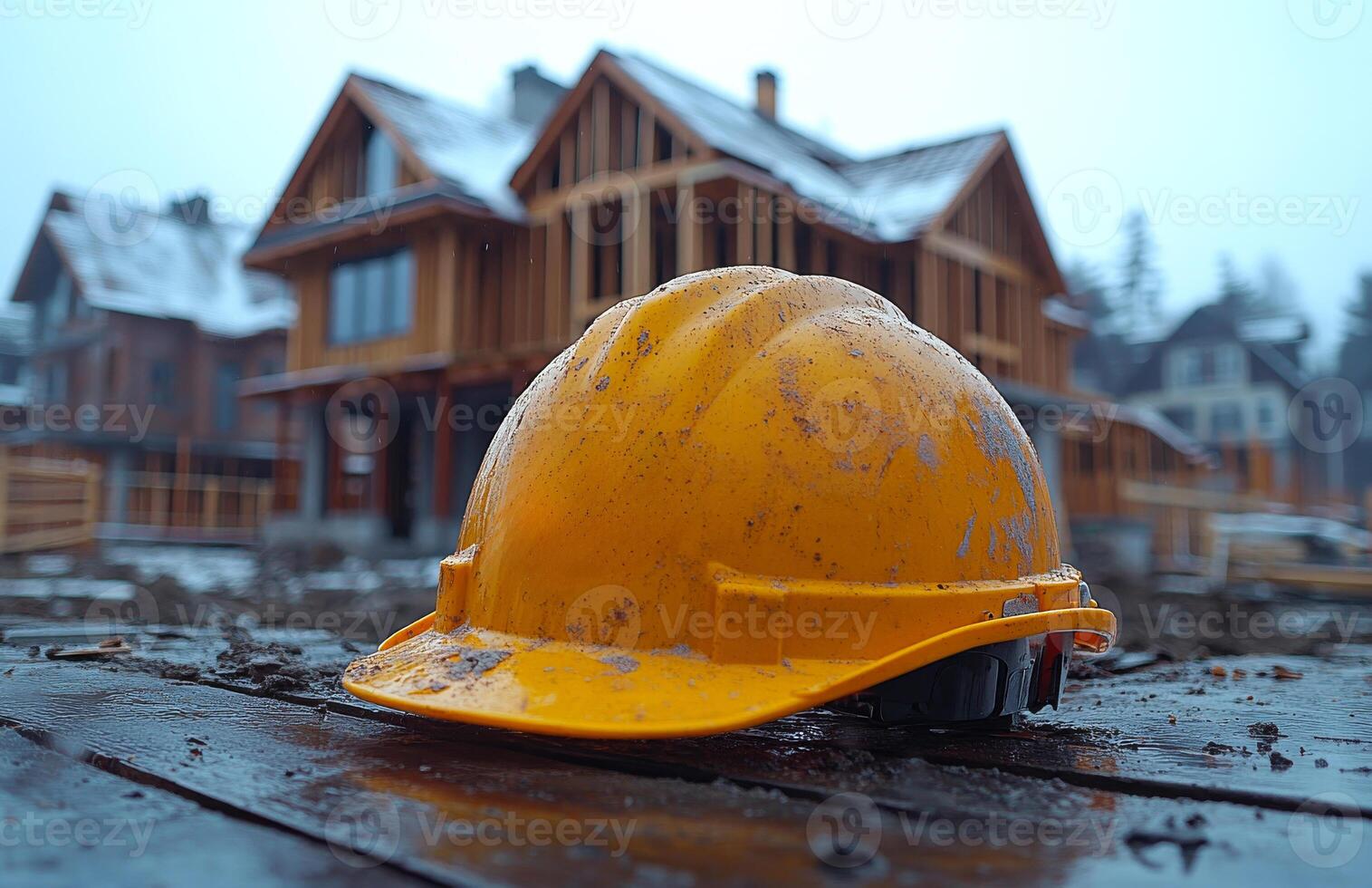 A yellow hard hat is laying on a wooden deck. The hat is dirty and has mud on it. The scene suggests that the hat may have been worn during a construction project or a work in progress photo