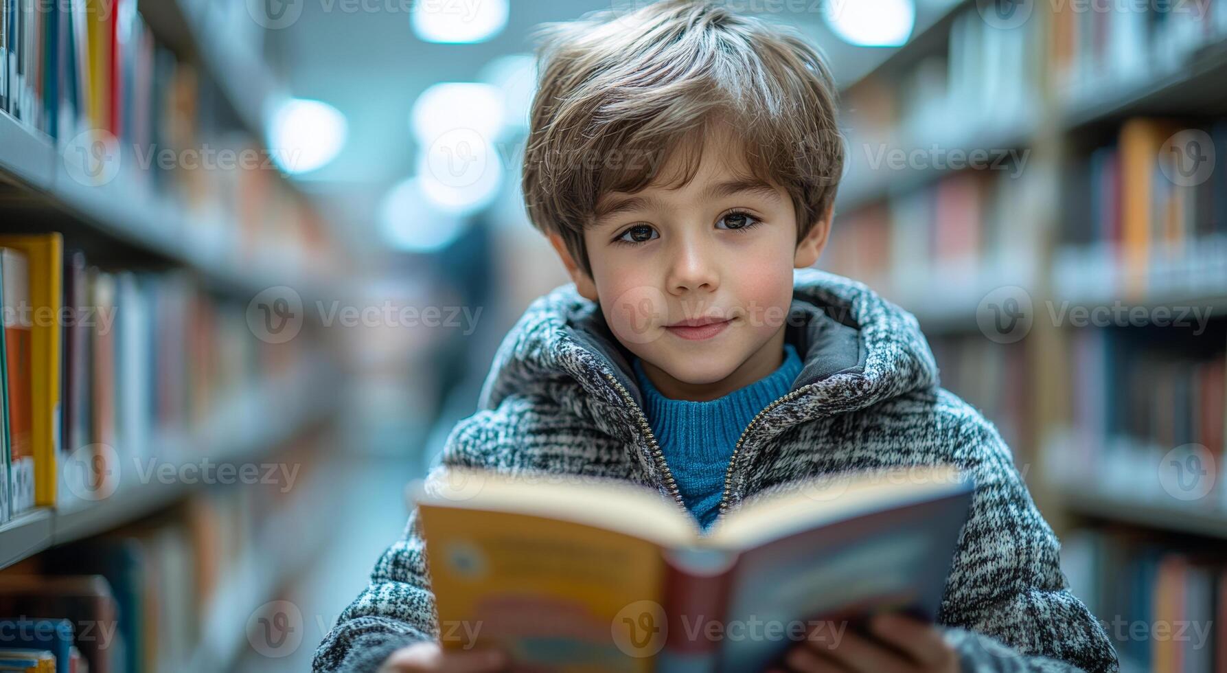 A young boy is sitting in a library reading a book. He is wearing a blue sweater and a grey jacket photo