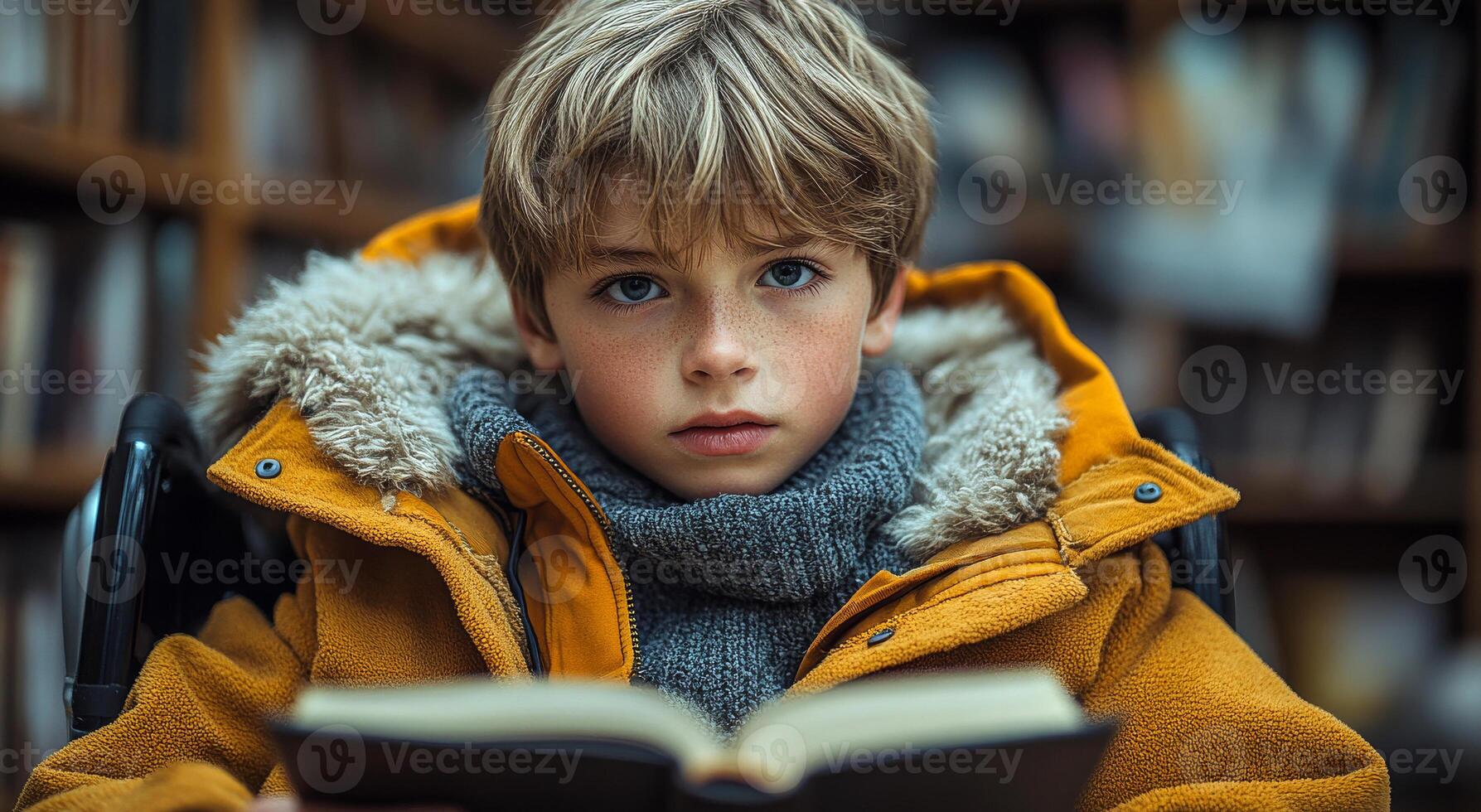 A young boy is sitting in a library with a book in front of him. He is wearing a yellow jacket and a gray scarf photo