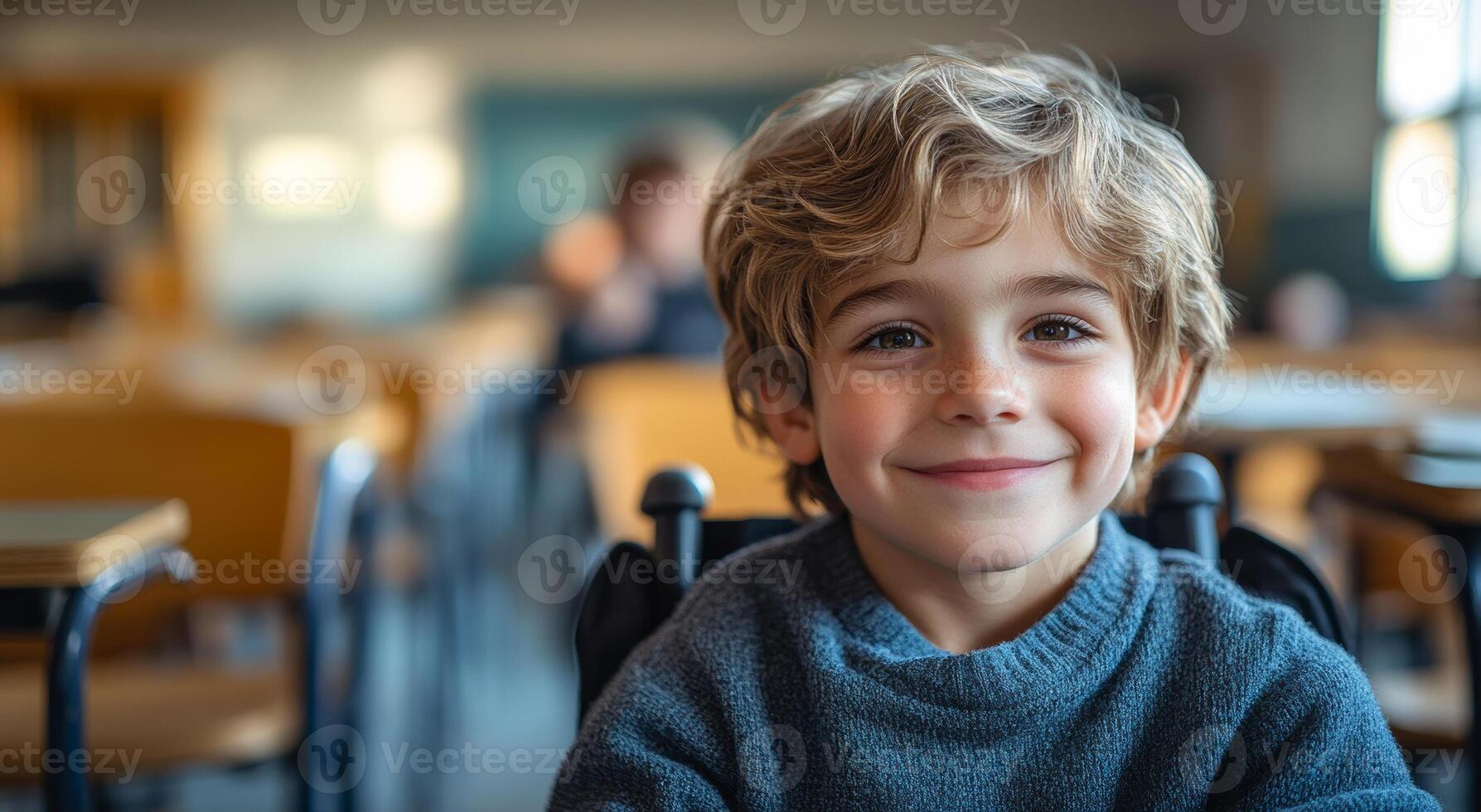 A young boy with blonde hair is sitting in a classroom with a smile on his face. He is wearing a blue sweater and is surrounded by chairs. Inclusive education for children. Child in a wheelchair photo