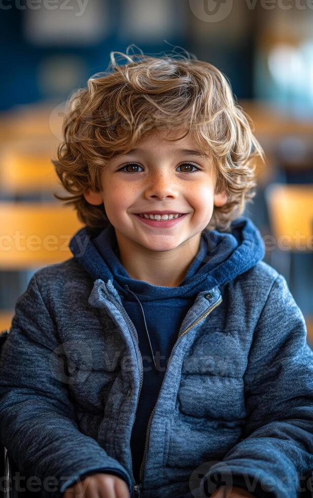 A young boy with curly hair is smiling and wearing a blue jacket. He is sitting in a chair and he is happy photo