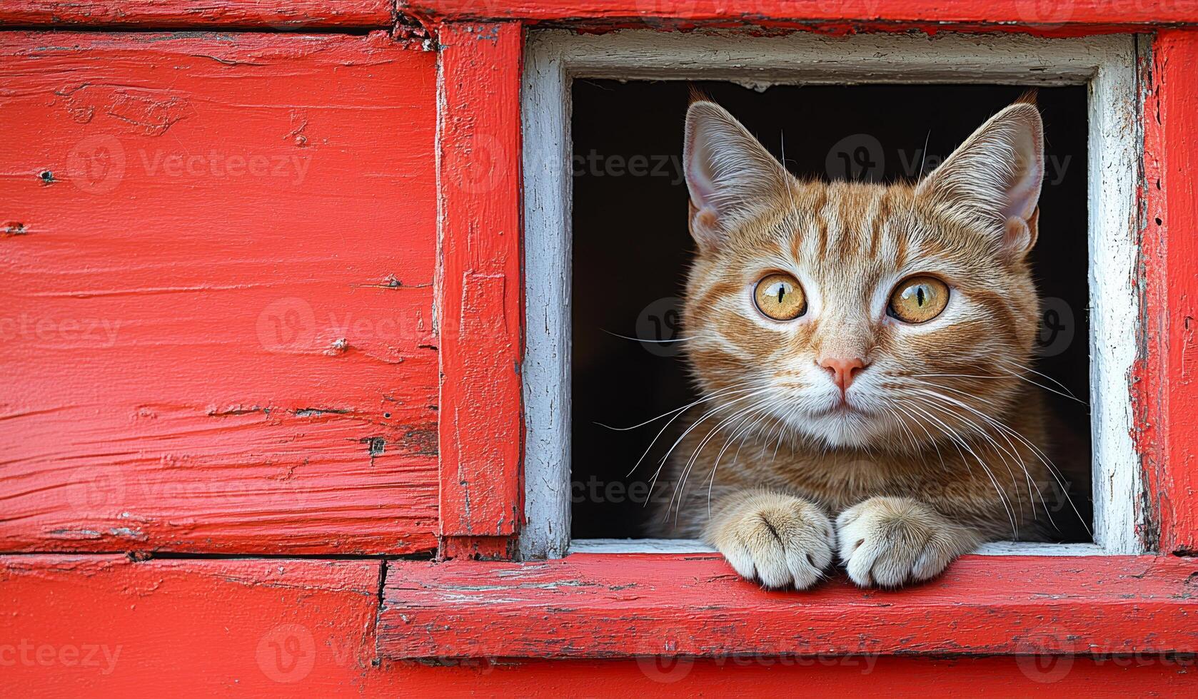 A cat is looking out of a window in a red building. The cat is looking at the camera and he is curious photo
