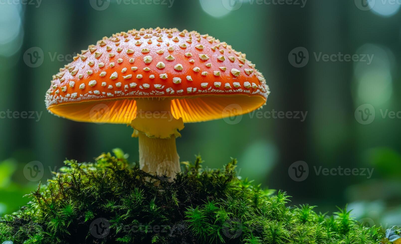 A red mushroom with white spots sits on a mossy patch of ground. The mushroom is surrounded by green leaves and grass, creating a peaceful and natural scene photo