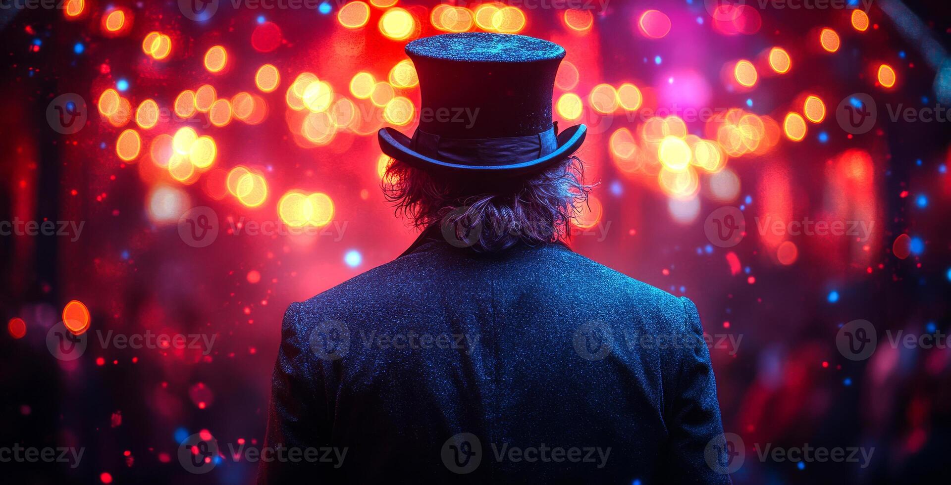 A man in a black suit and hat stands in front of a crowd of people. The image is set in a dark, mysterious atmosphere with a sense of anticipation photo