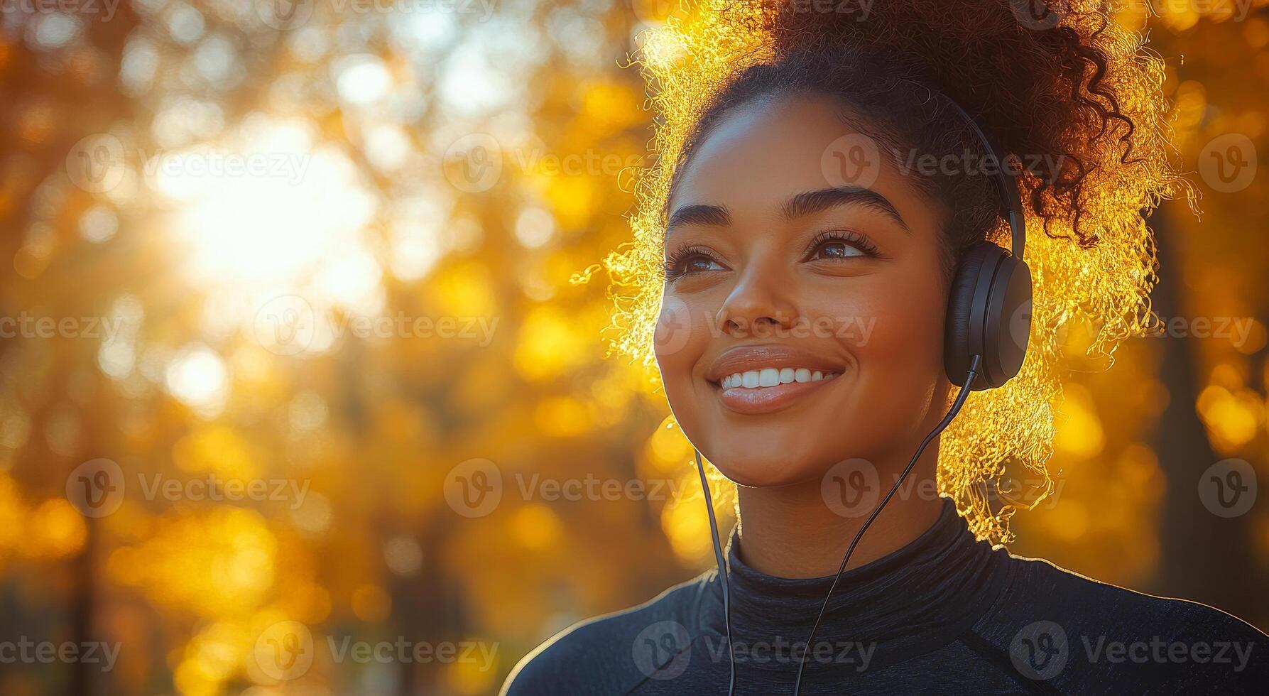A woman with a smile on her face is wearing headphones and listening to music. Concept of relaxation and enjoyment as the woman takes a break from her day to listen to her favorite tunes photo