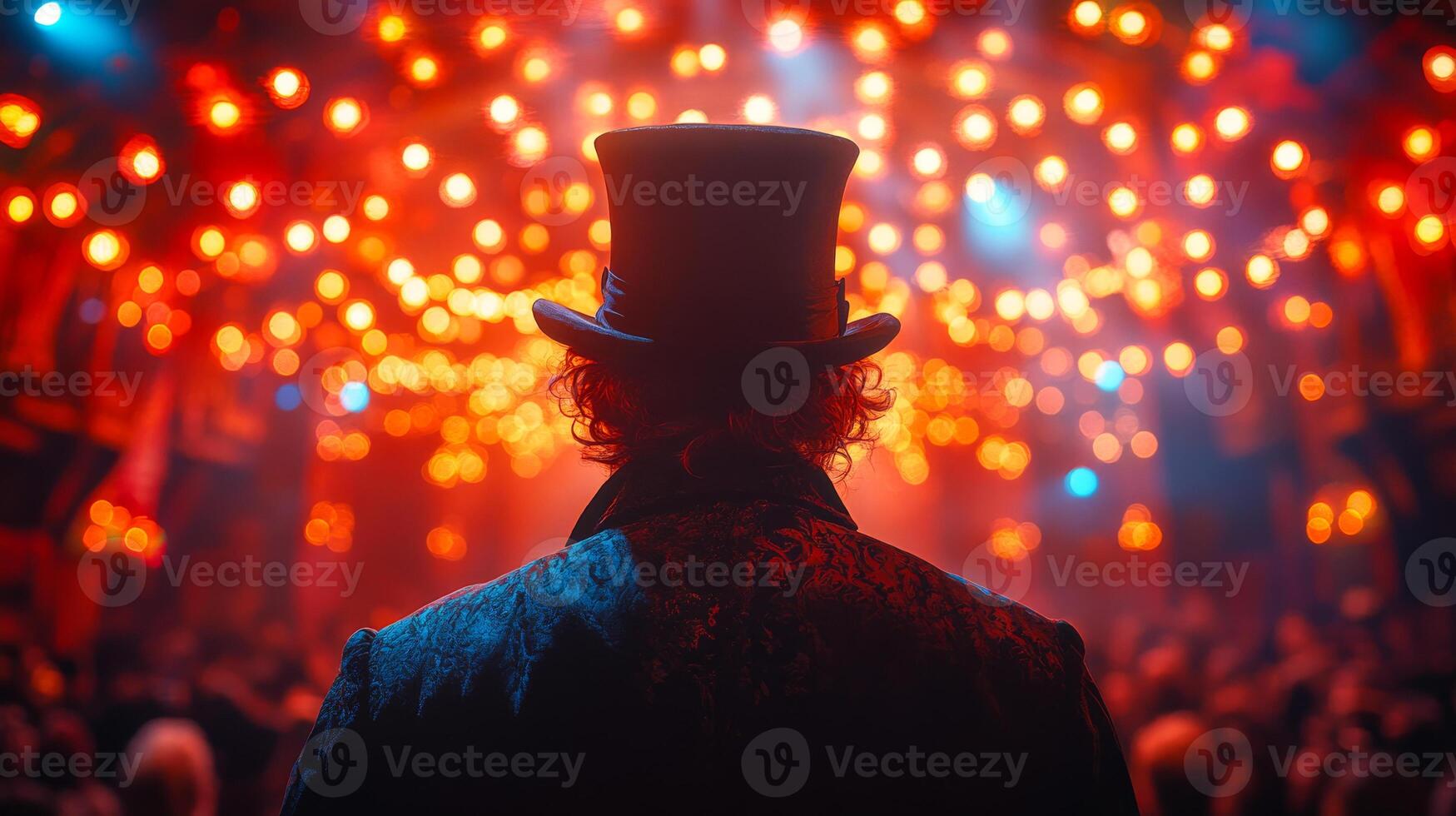 A man in a top hat stands in front of a crowd of people. The lights are bright and the atmosphere is lively photo