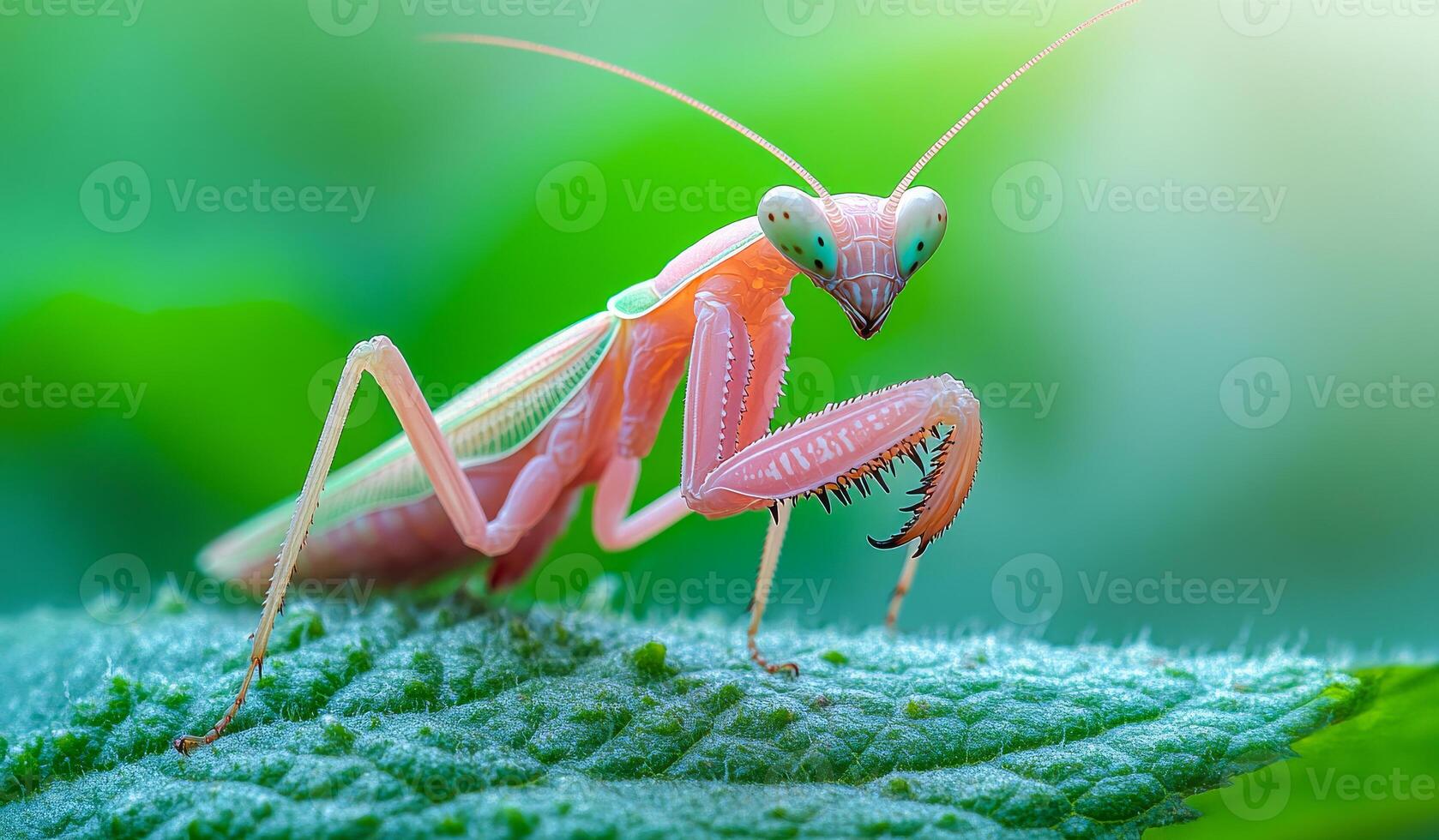 A large pink bug is on a green leaf. The bug is large and has a long antennae photo