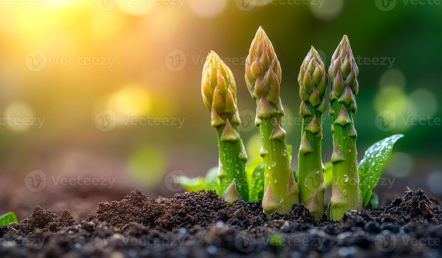 A bunch of green asparagus are growing in the dirt photo