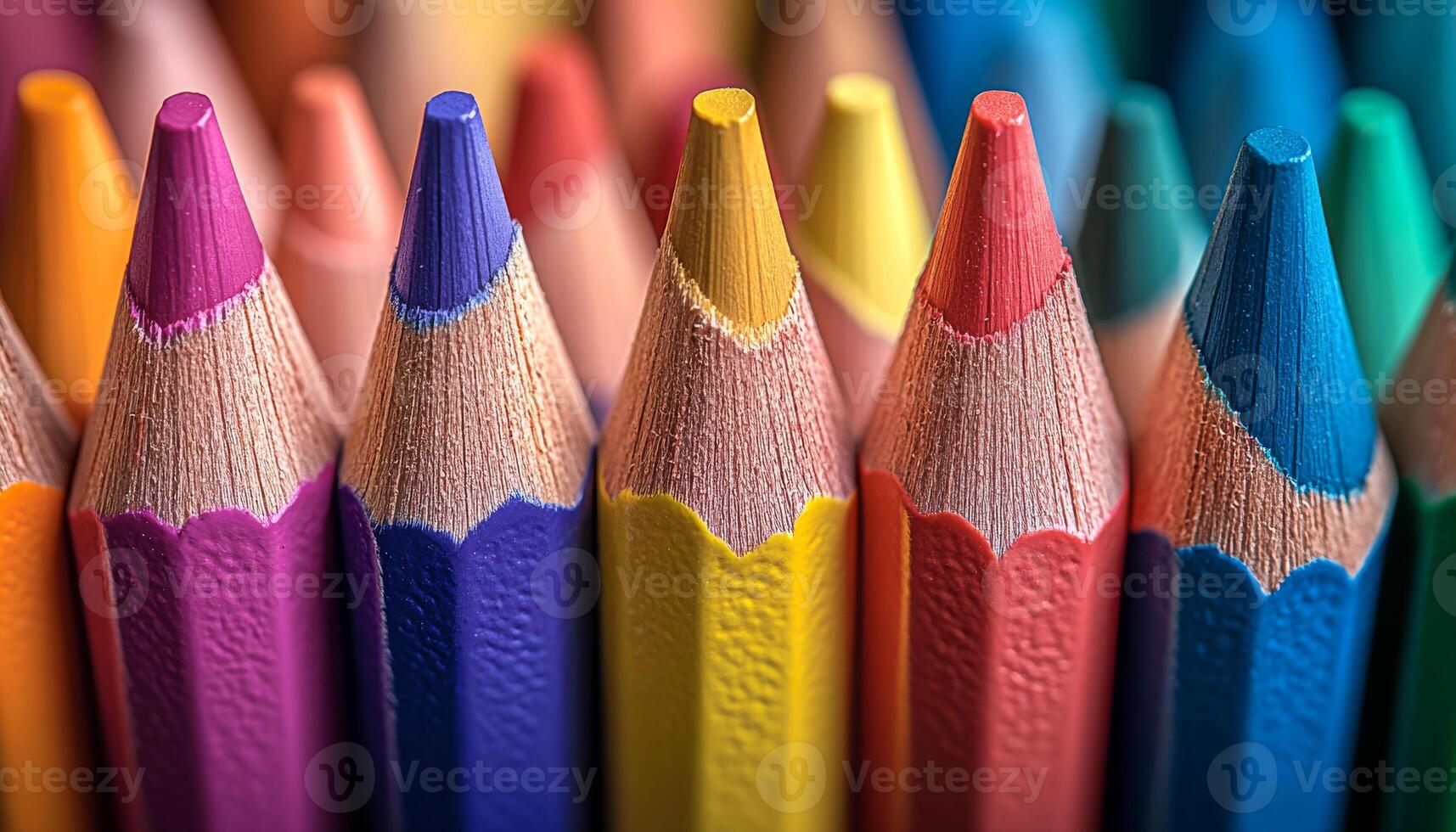 A row of pencils with different colors and one of them is yellow photo