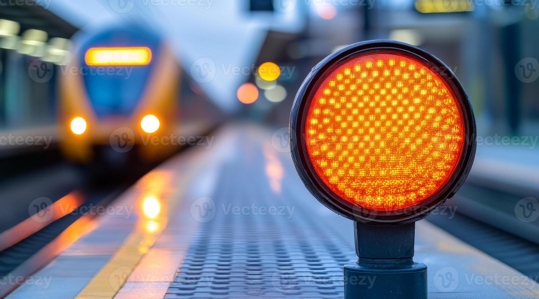 A train is coming down the tracks and a red light is on the ground. The light is on a pole and is lit up photo