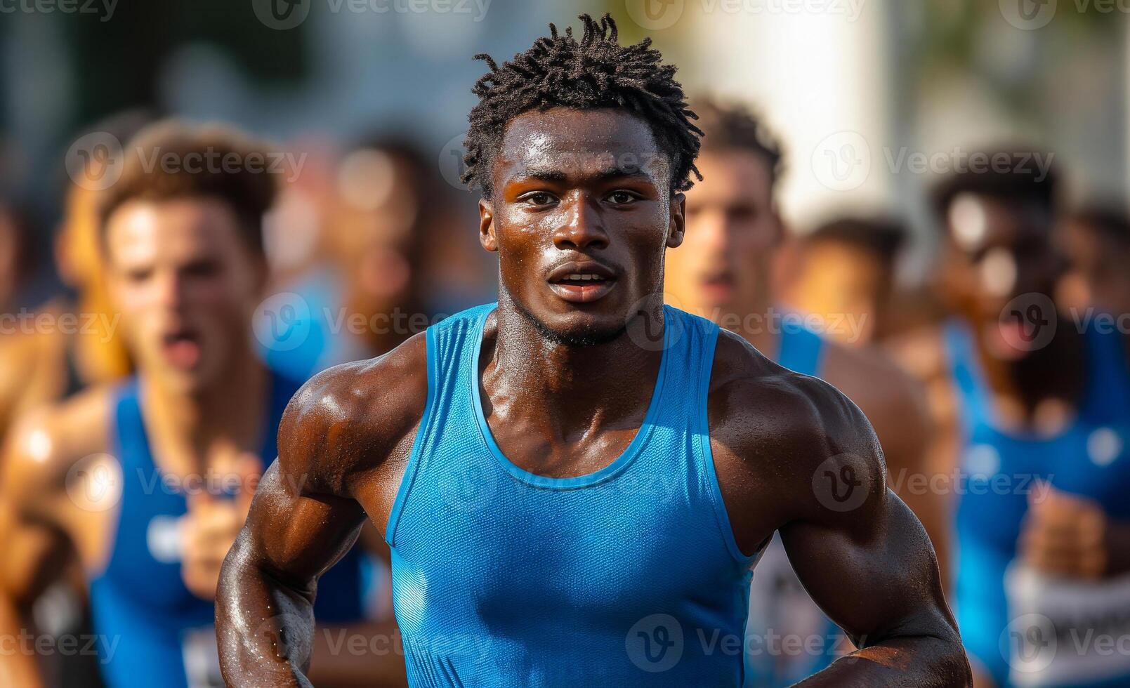 A man in a blue tank top runs in a race. The man is sweating and he is in the middle of the race photo
