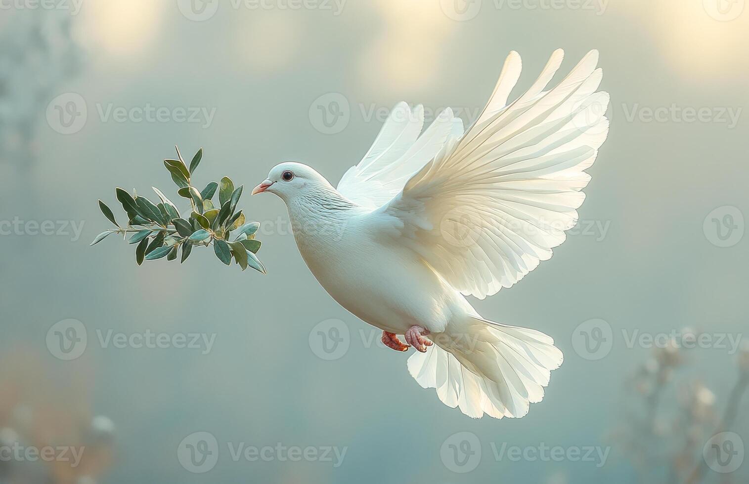 A white dove is flying with a leaf in its beak. Concept of peace and tranquility, as the dove is a symbol of peace and harmony. Dove of peace photo