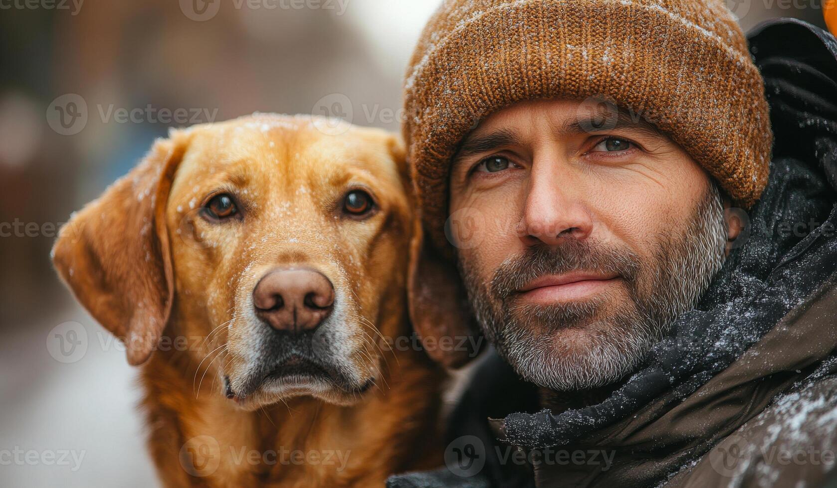 A man and his dog are standing together in the snow. The man is wearing a brown hat and a black coat. The dog is brown and has a white nose. The scene is cozy and warm, with the man photo