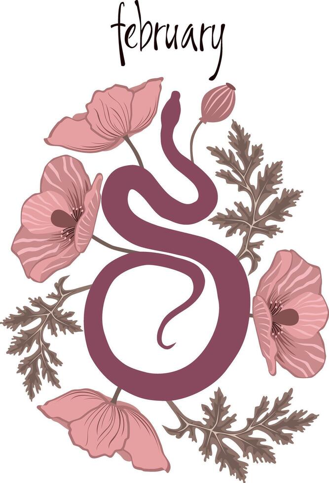 Snake in beautiful flowers and leaves, print for shoppers, mugs, notebooks, posters, T-shirts, tales, calendars. Year of the Snake 2025. Flowers in the style of William Morris vector