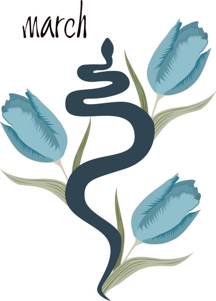 Snake in beautiful tulips and leaves, print for shoppers, mugs, notebooks, posters, T-shirts, tales, calendars. Year of the Snake march 2025. Flowers in the style of William Morris vector