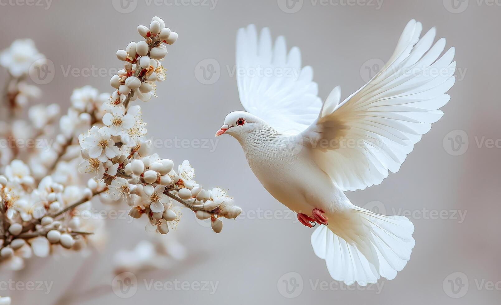 A white dove is flying over a branch with white flowers. Concept of peace and freedom, as the bird soars through the air with grace and ease. Dove of peace photo