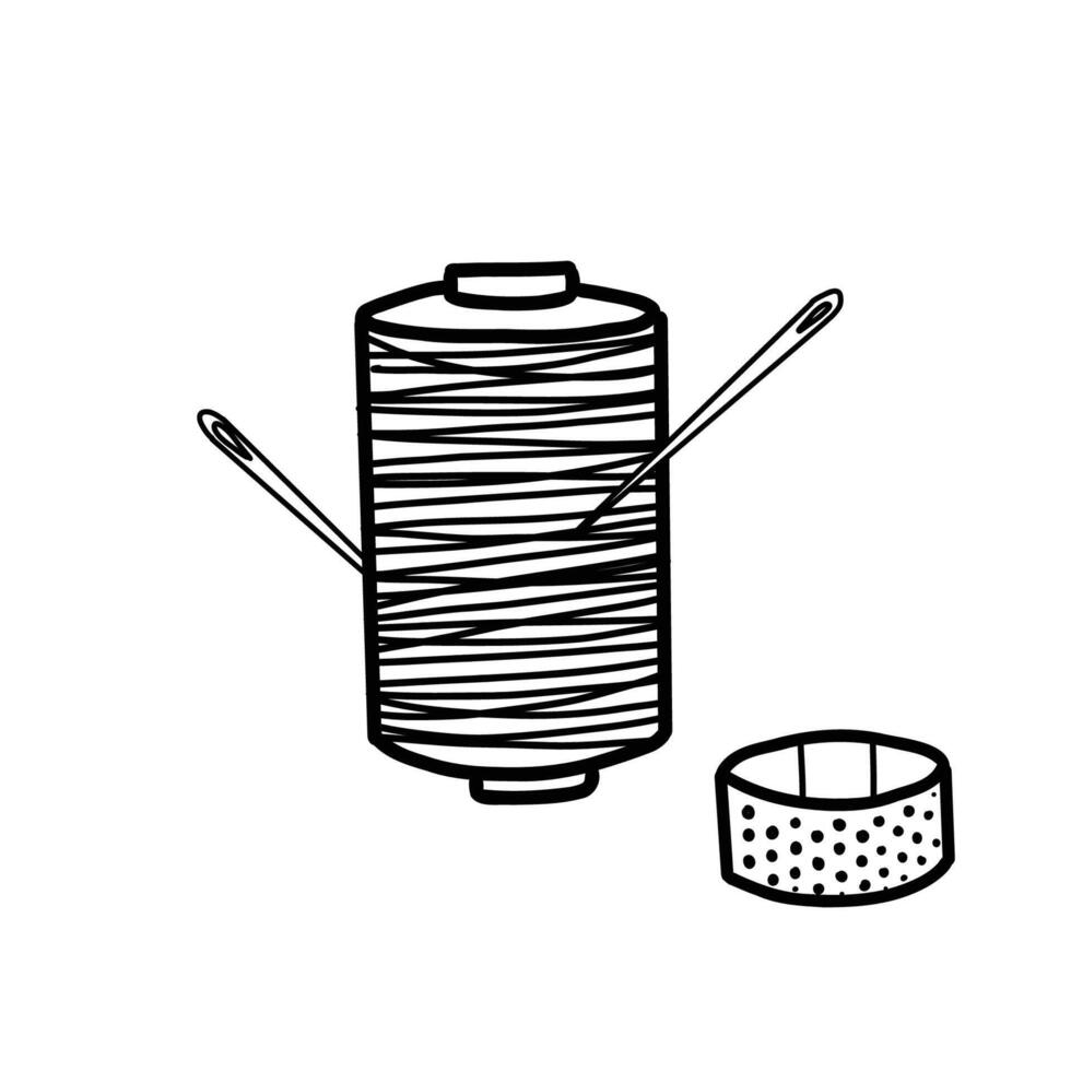 Spool of Thread with Needles stuck in and Thimble Composition. Accessories for seamstress isolated on white background. Hand drawn illustration in doodle style. Perfect for Manual stitching vector