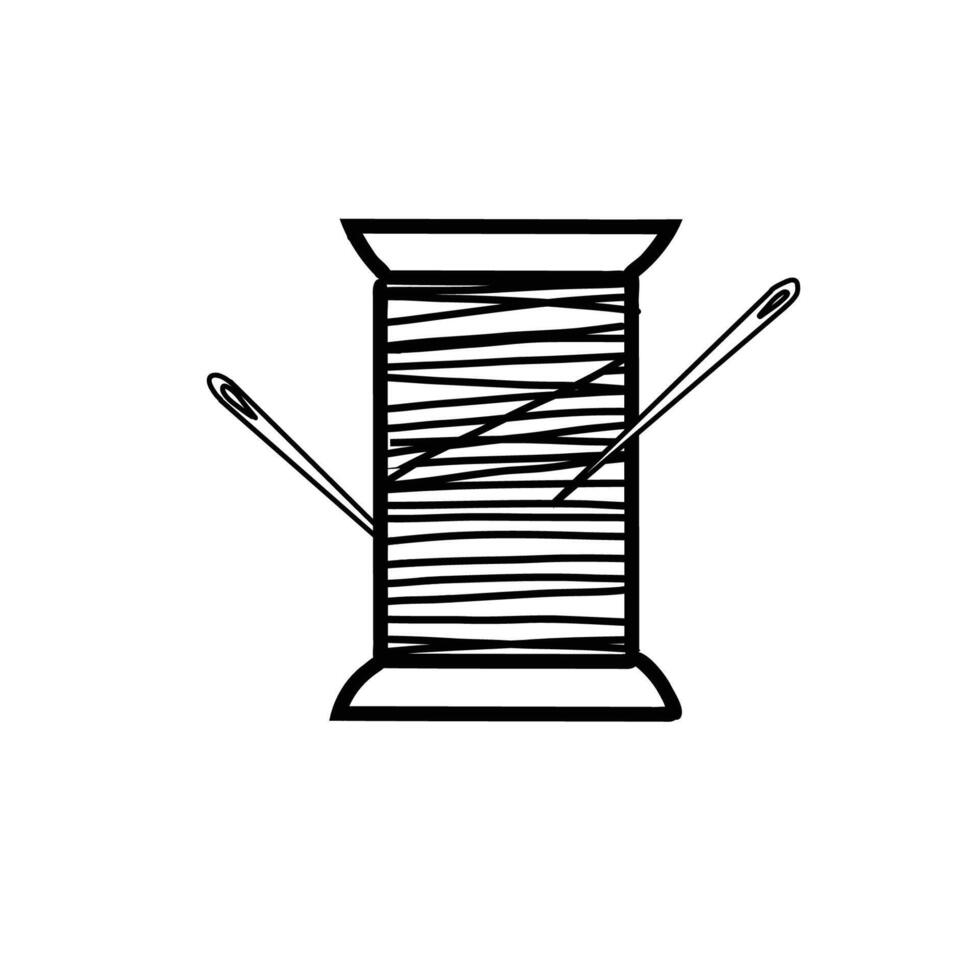 Spool of Thread with Needles stuck in. Hand drawn illustration in doodle style. Spool for seamstress isolated on white background. Perfect for Tailor or Garment repair logos, Manual stitching vector