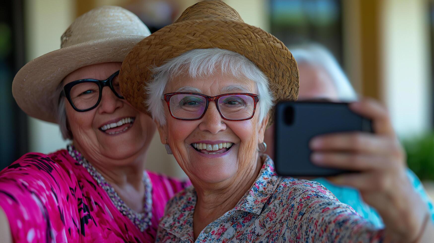 Two older women taking a selfie with a cell phone photo