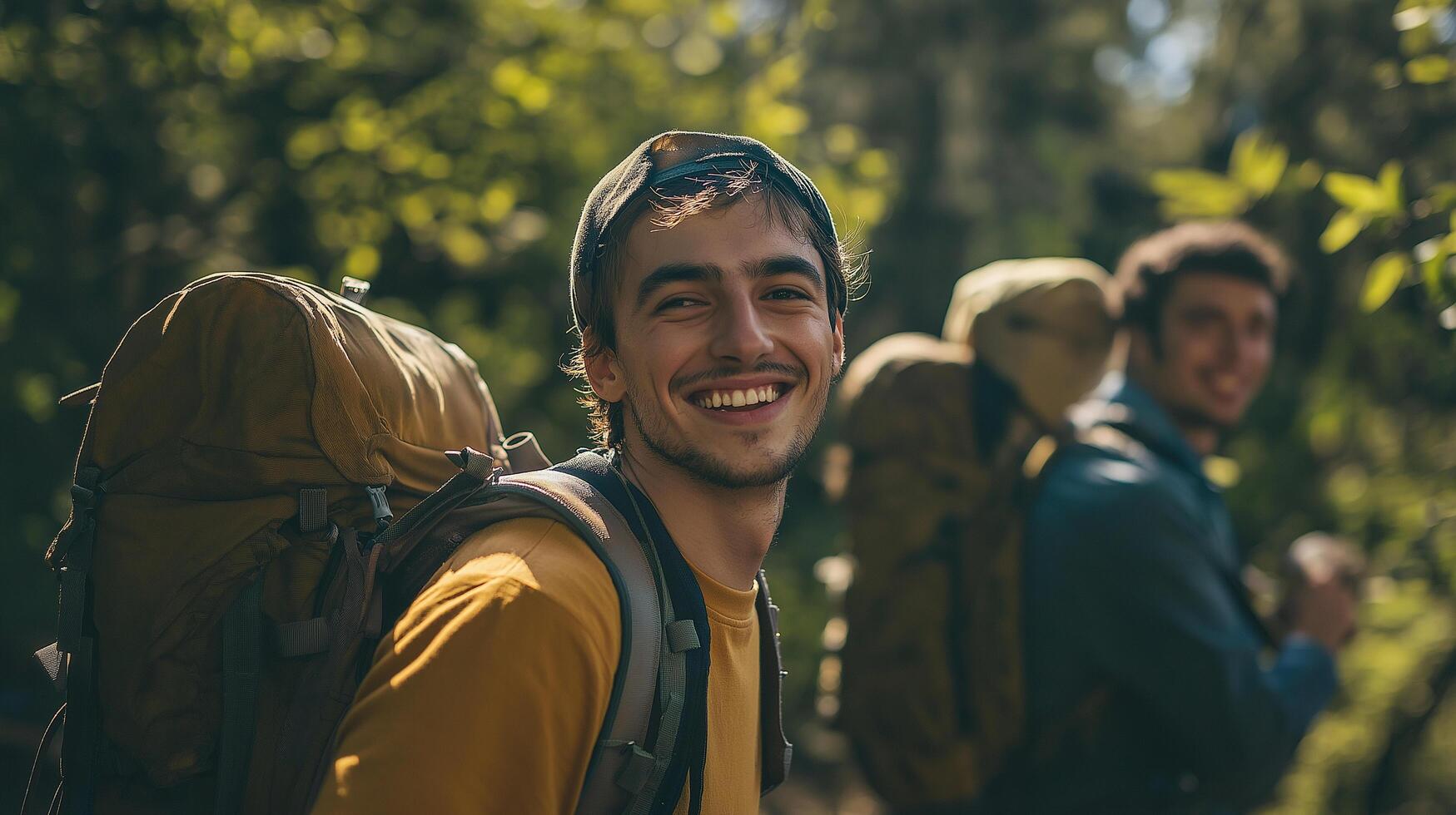 Two men with backpacks smiling in the woods photo