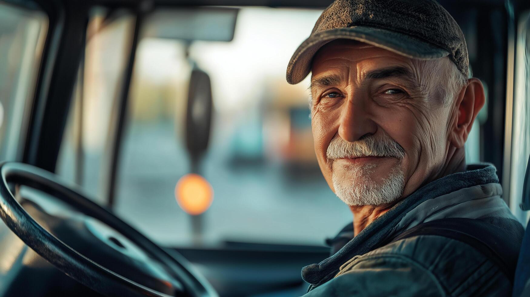 An older man driving a truck photo