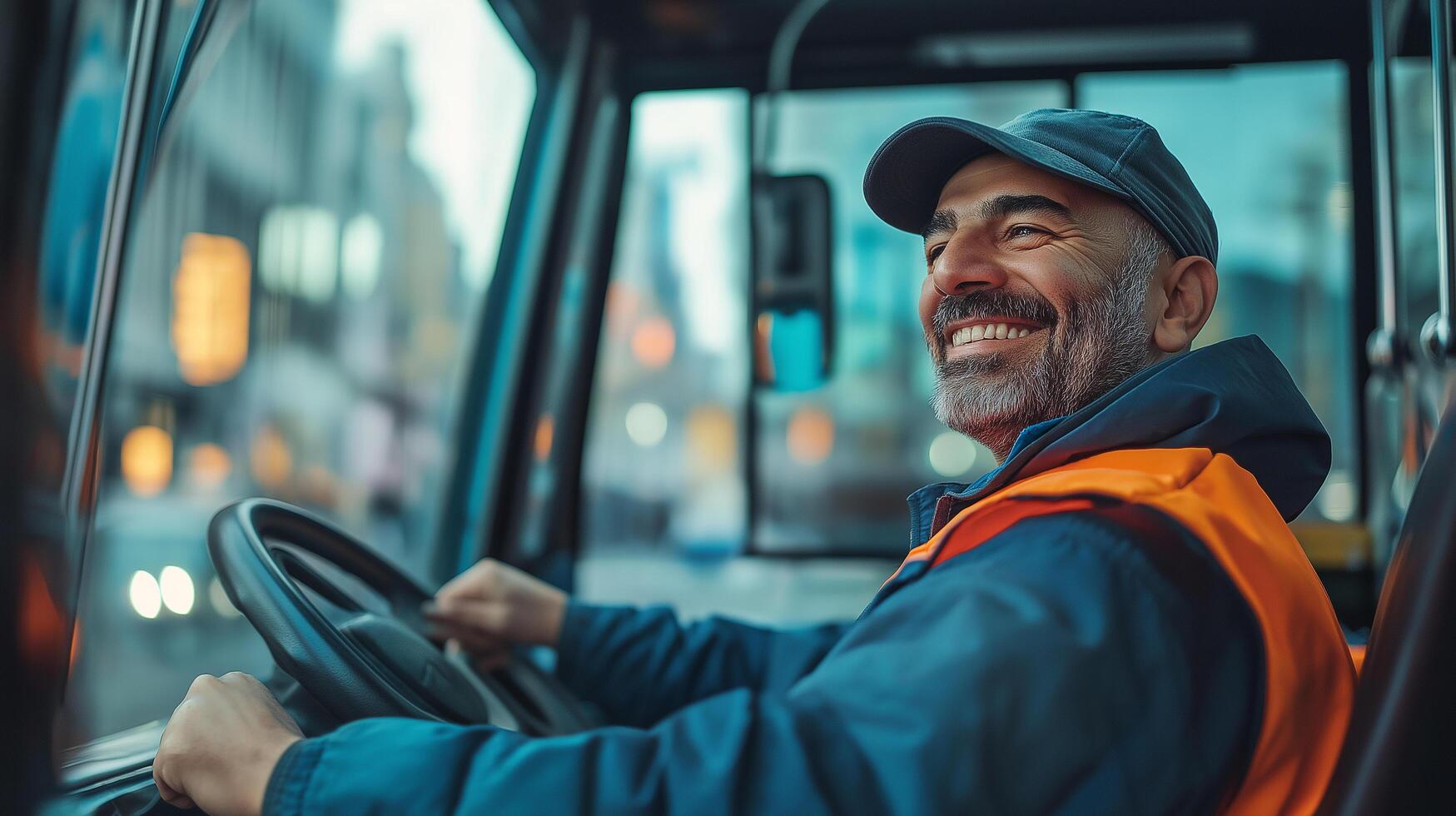 A smiling man driving a bus photo