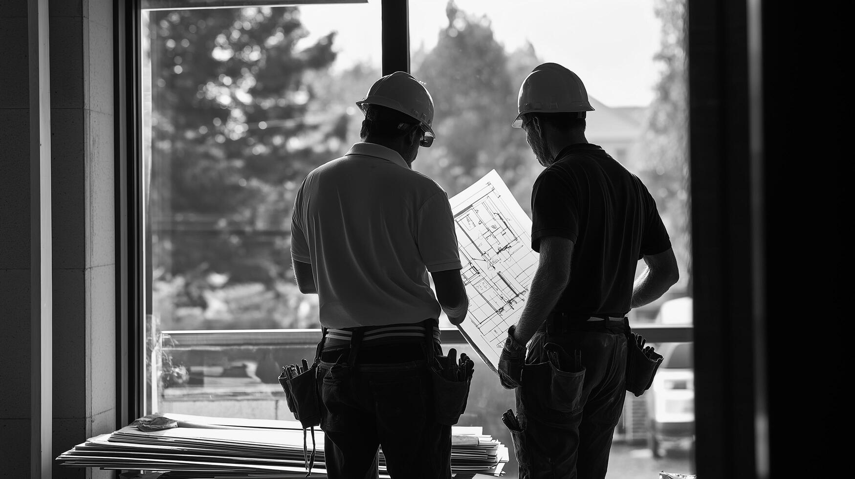 Two men in hard hats looking at plans photo
