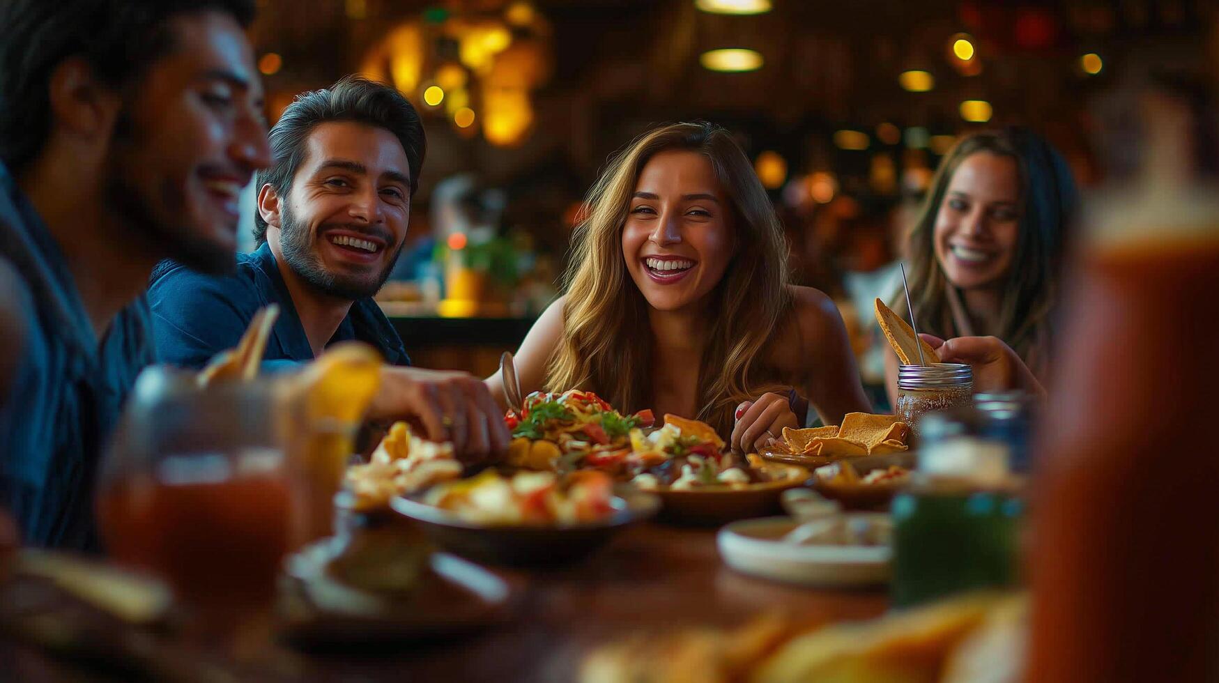 A group of friends enjoying a meal at a restaurant photo
