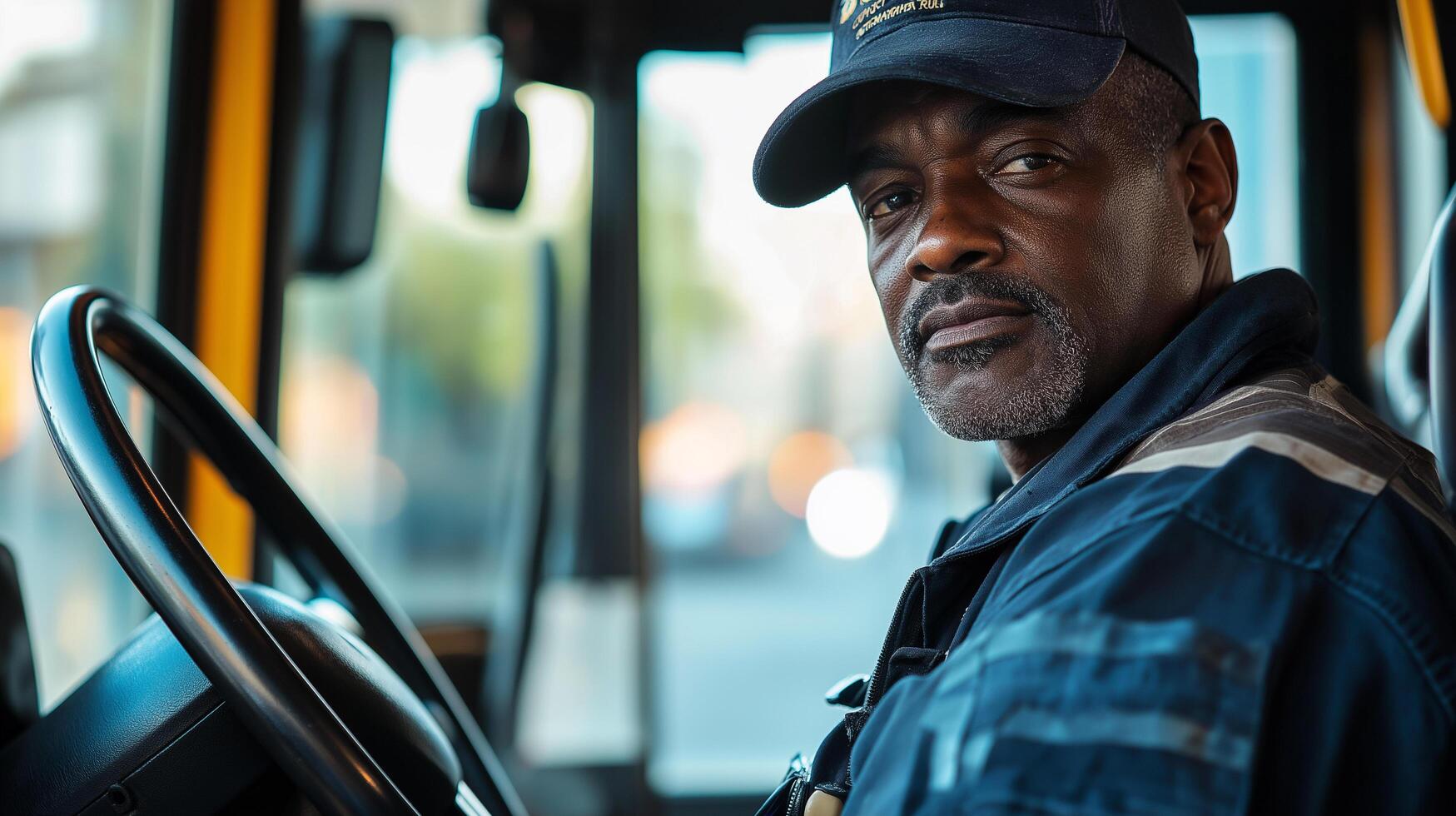 A man in a blue hat sitting in the driver's seat of a bus photo