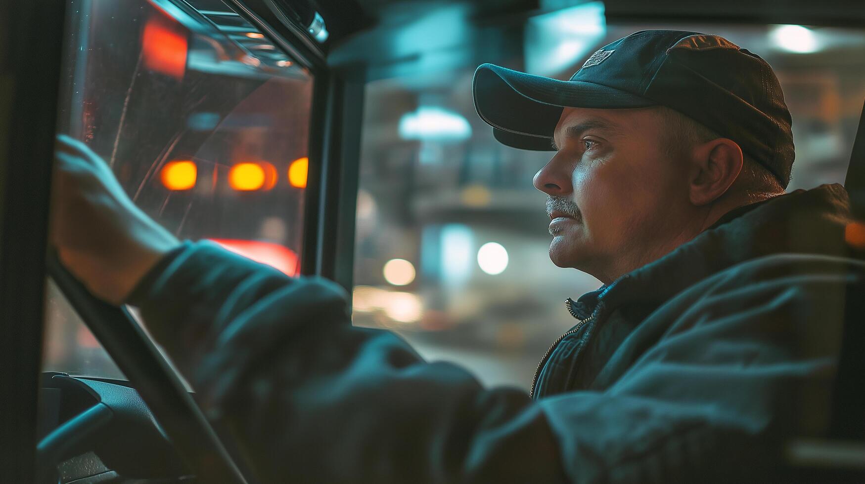A man in a cap is driving a bus photo