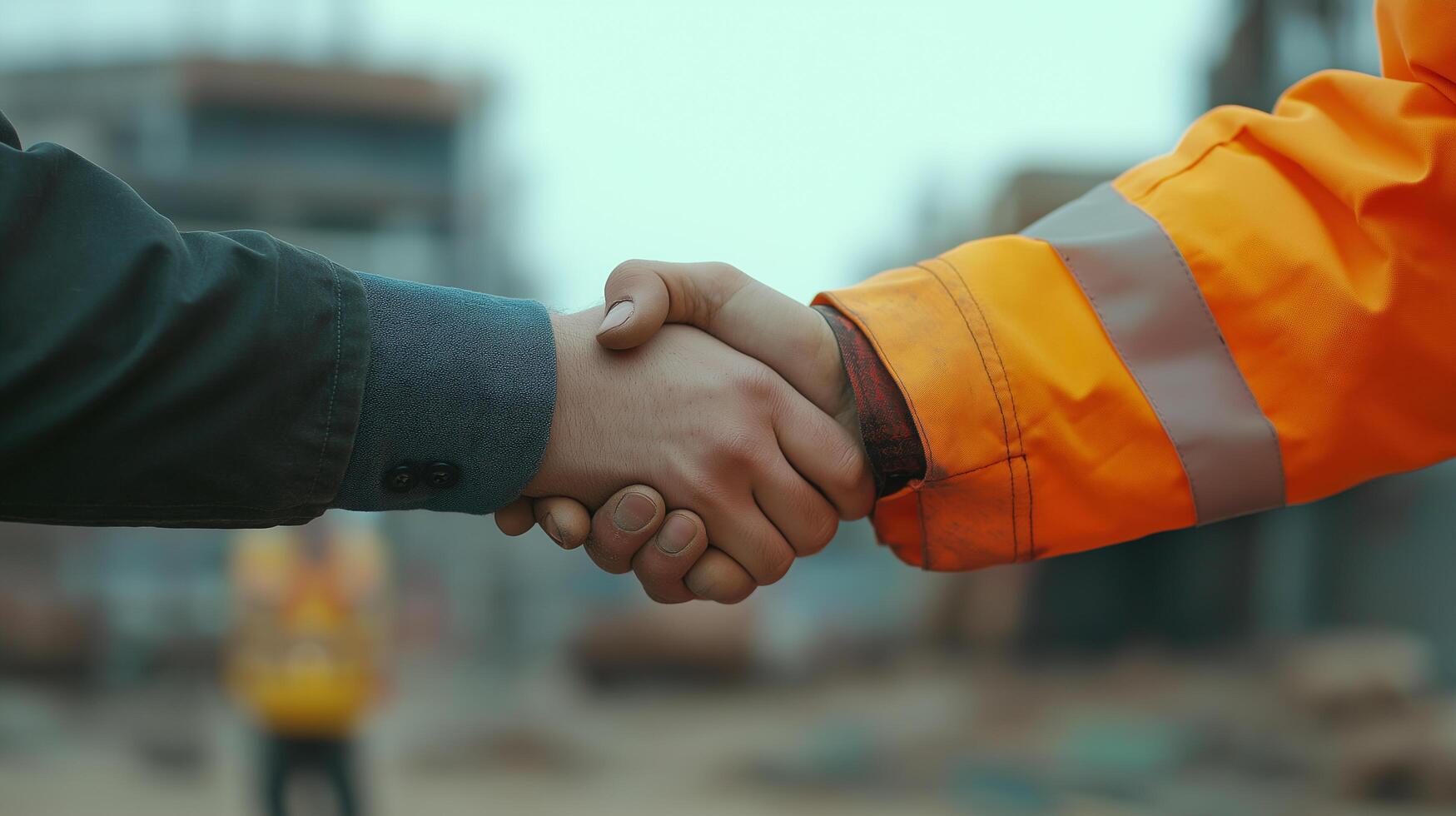 Two construction workers shaking hands in front of a building photo