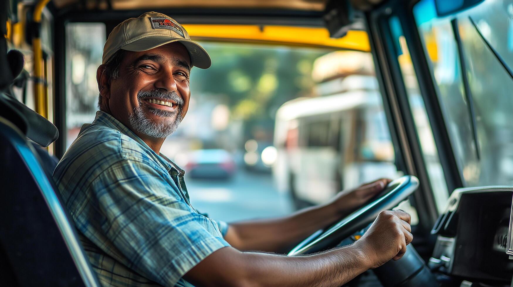A man smiles while driving a bus photo