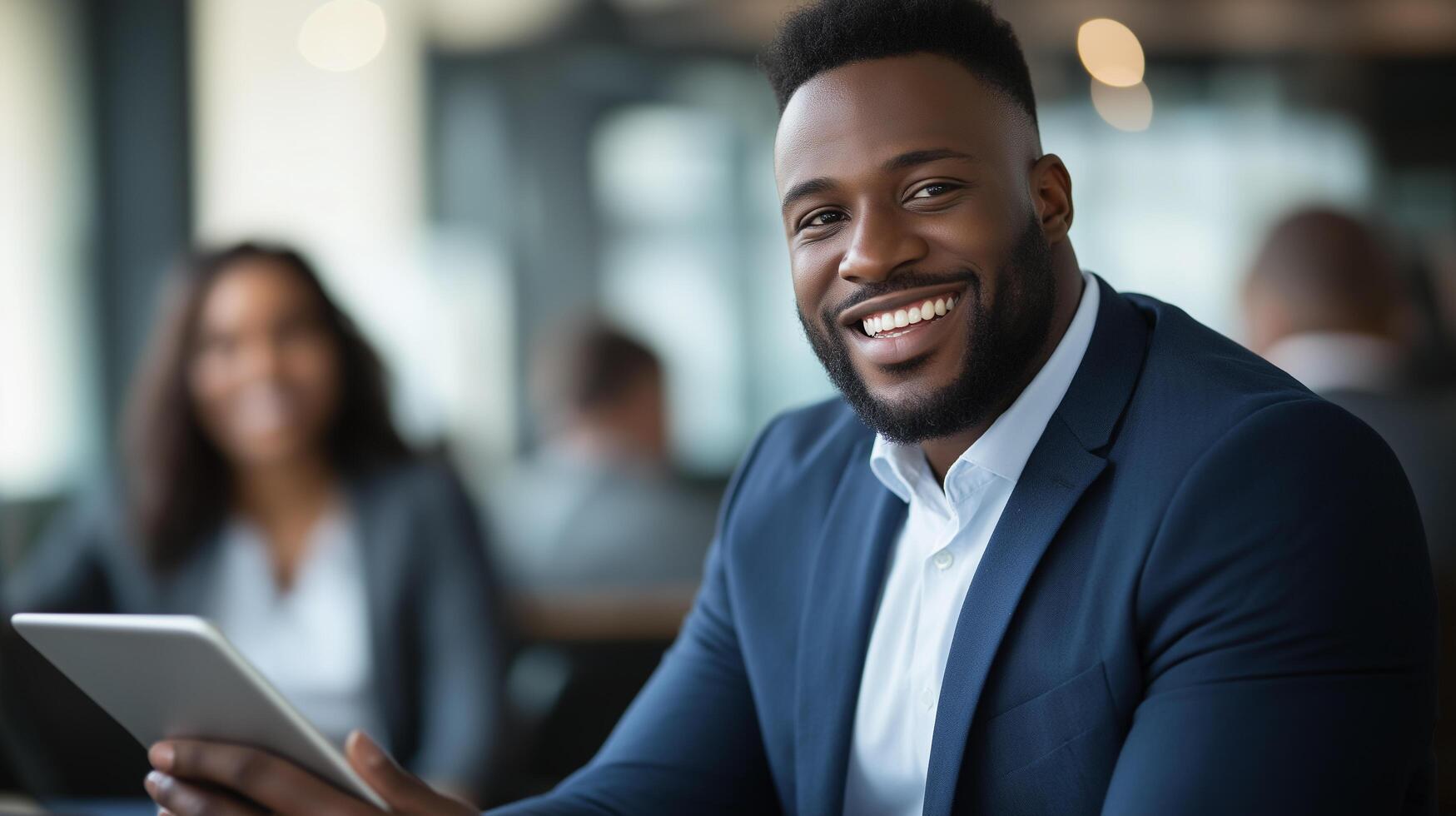 A smiling black man in a suit holding a tablet photo