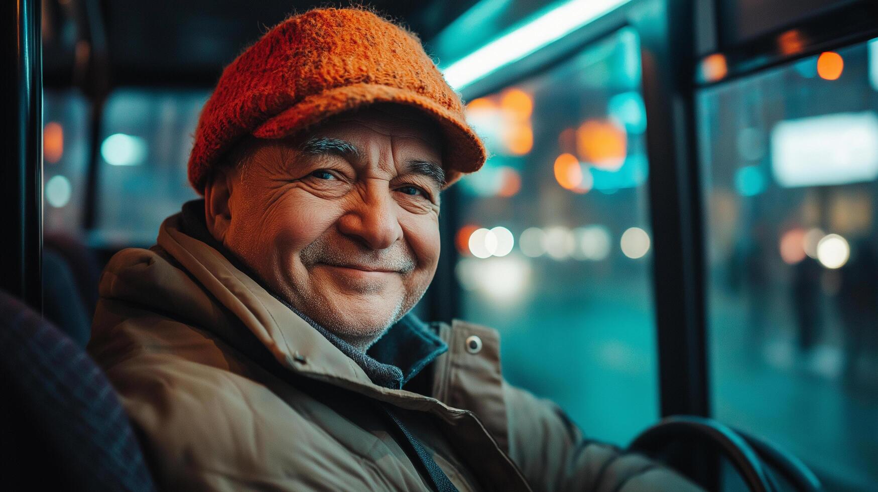 A man wearing a hat and smiling on a bus photo