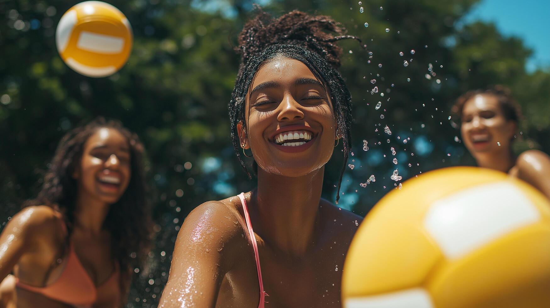 Three women in bathing suits playing with beach balls photo