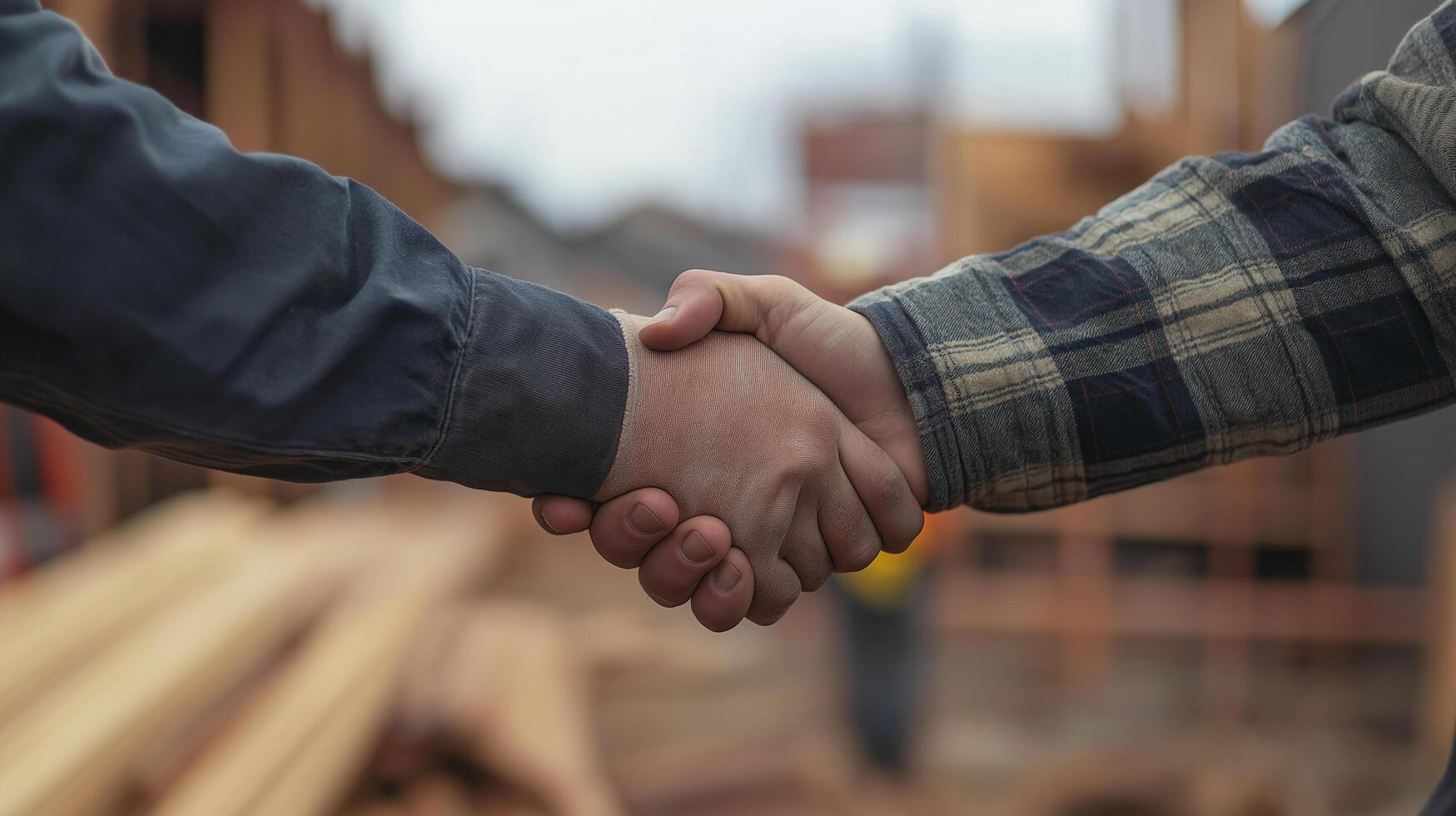 Two people shaking hands in front of a construction site photo