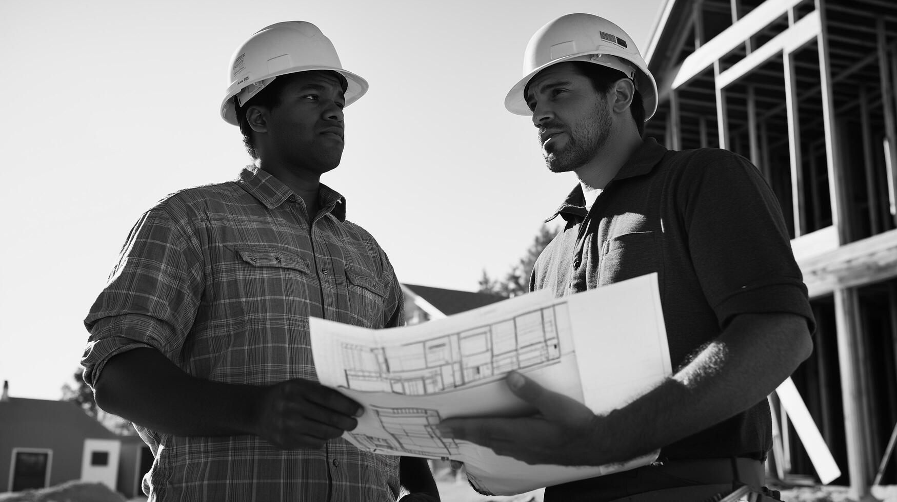 Two men in hard hats holding blueprints photo