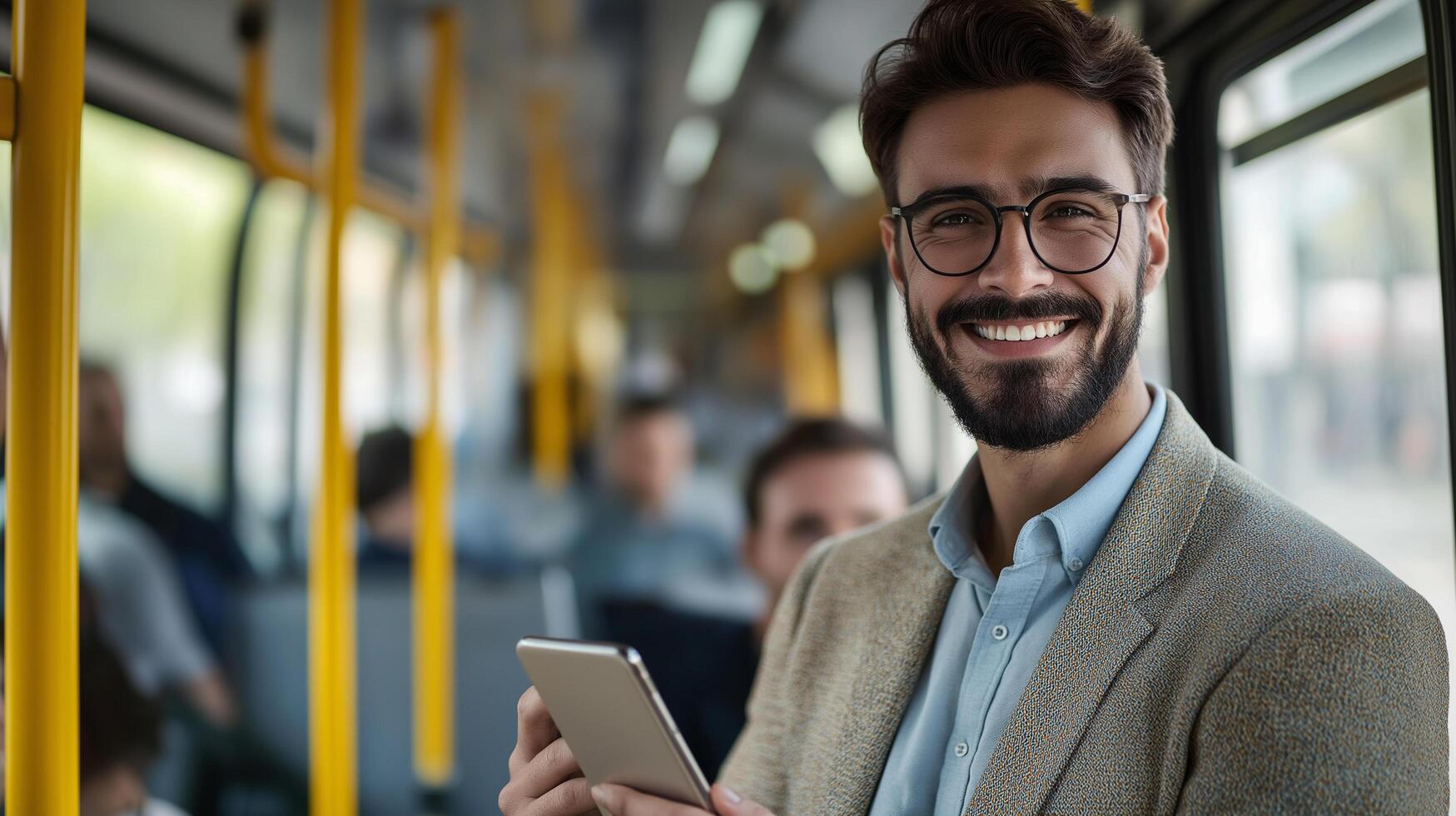 A man with glasses and a beard is holding a tablet photo