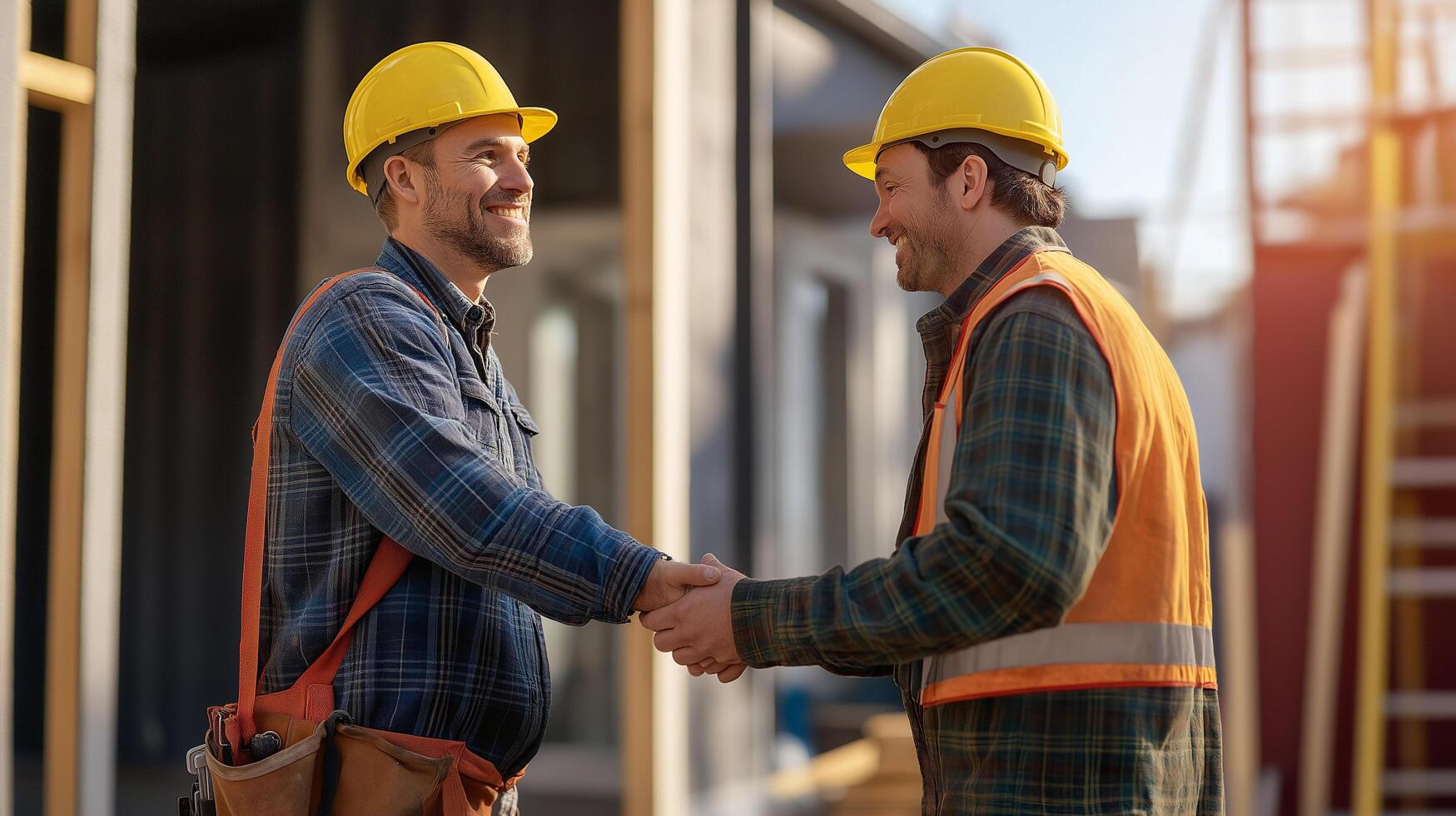 Two construction workers shaking hands photo