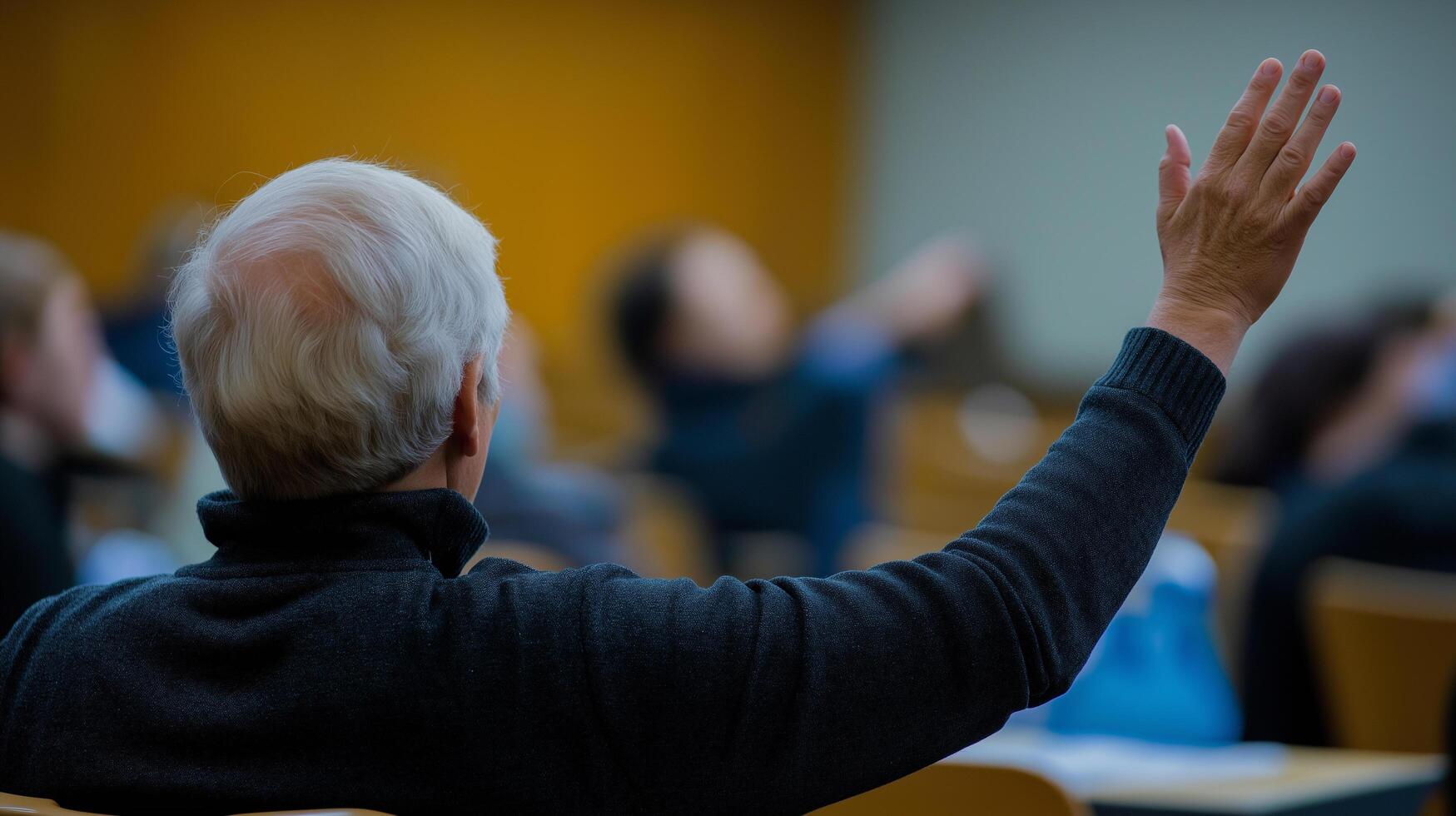 A man raising his hand in a lecture hall photo