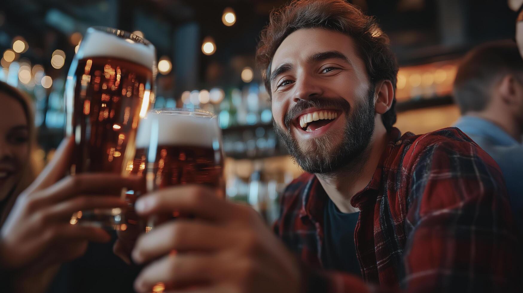 A man is toasting with his friends in a bar photo